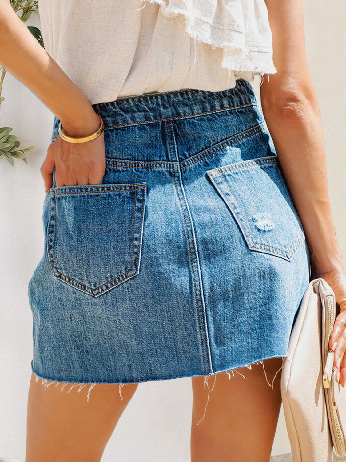 Button-Fly Distressed Raw Hem Mini Denim Skirt