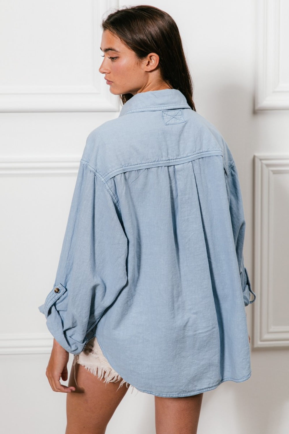 BiBi Button Down Stitch Detail Denim Shirt with Chest Pockets