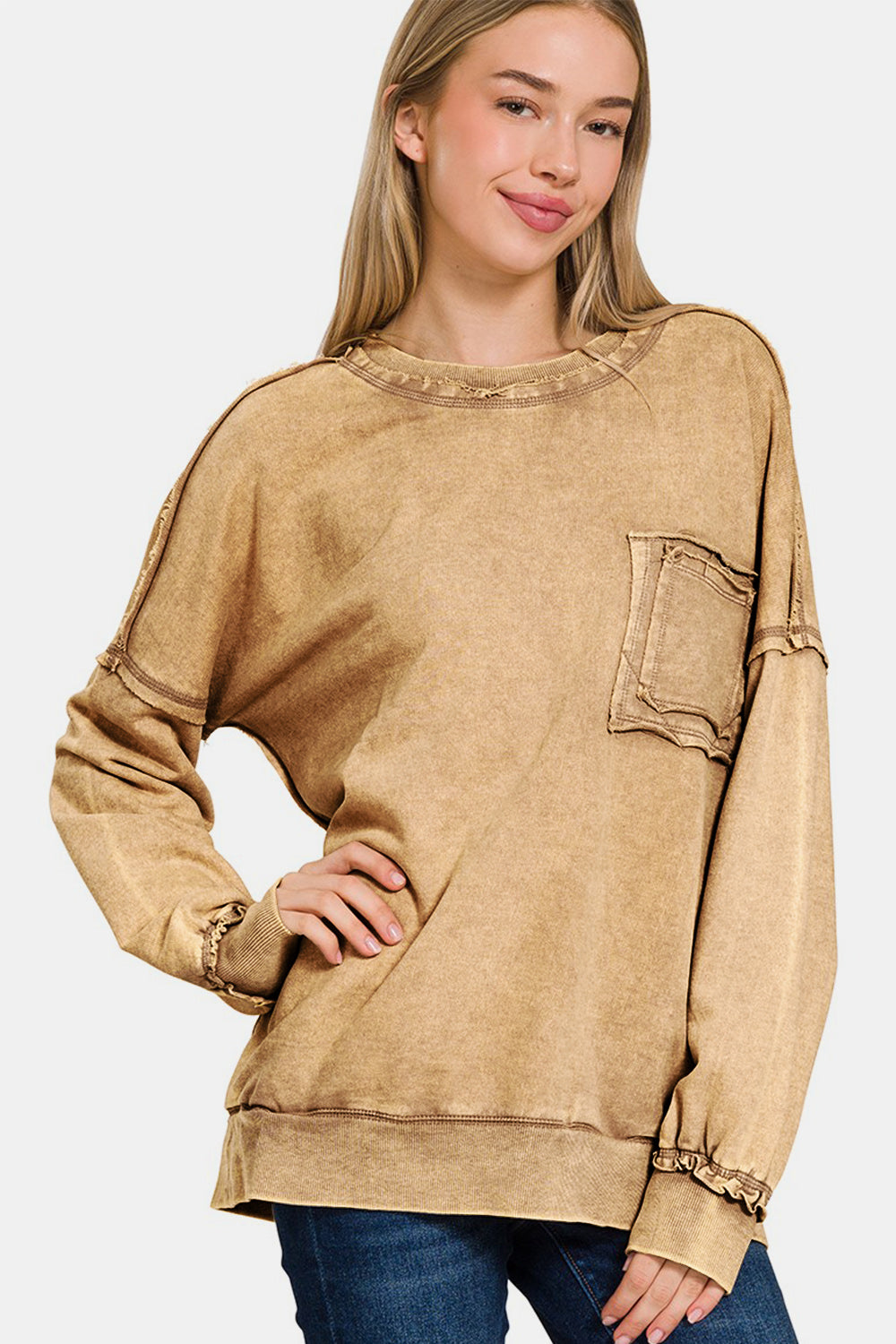 Zenana Exposed Seam Round Neck Sweatshirt