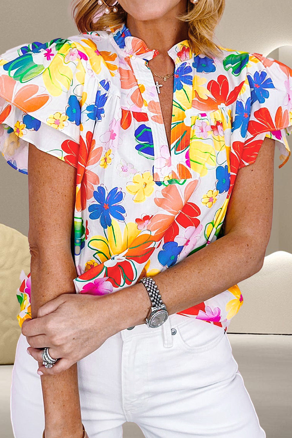 Ruffled Floral Notched Cap Sleeve Blouse