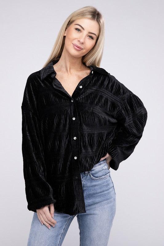 BiBi Wrinkle Effect Tiered Shirring Velvet Shirt - Shirt