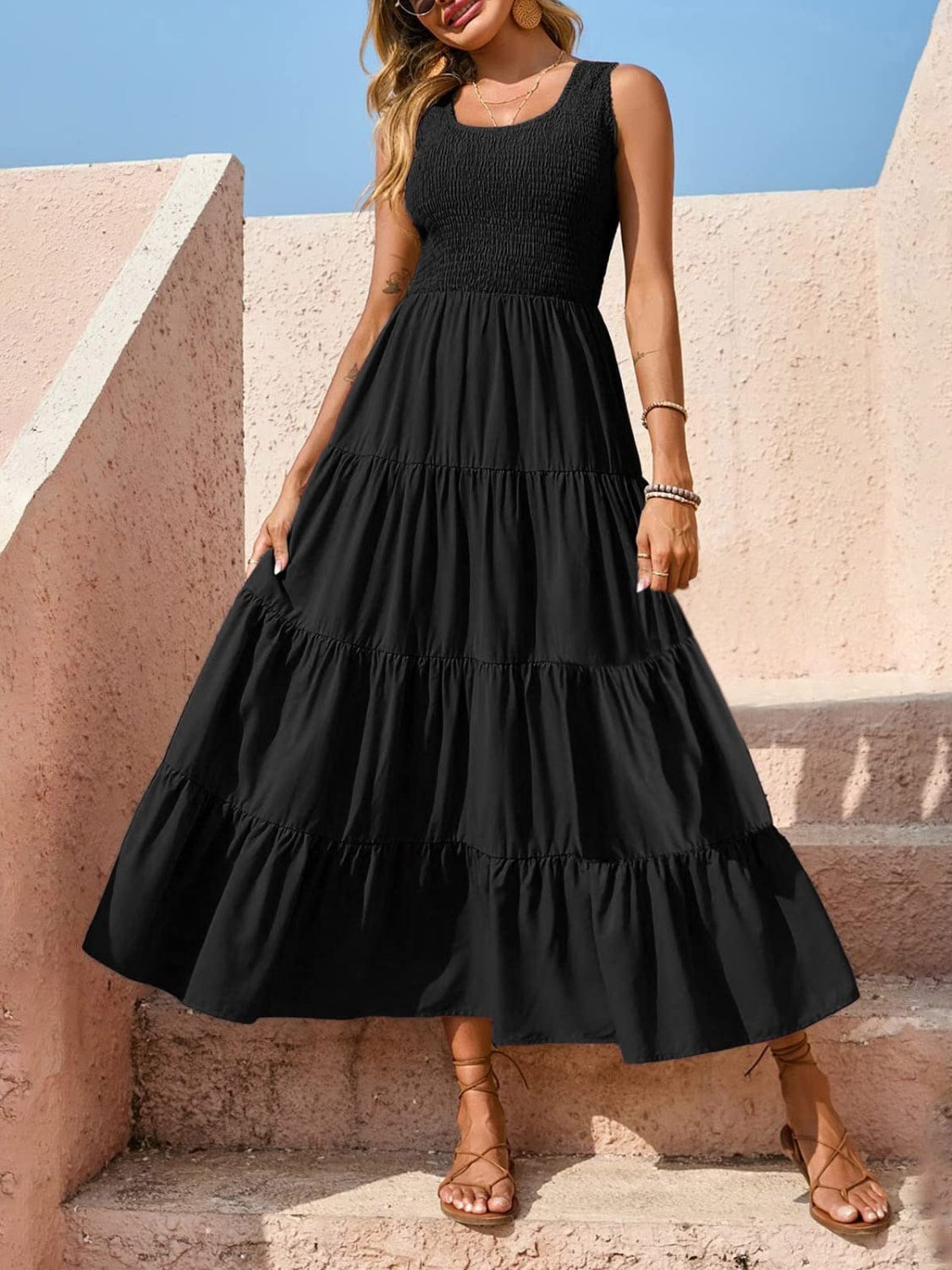 Tiered Smocked Wide Strap Midi Dress