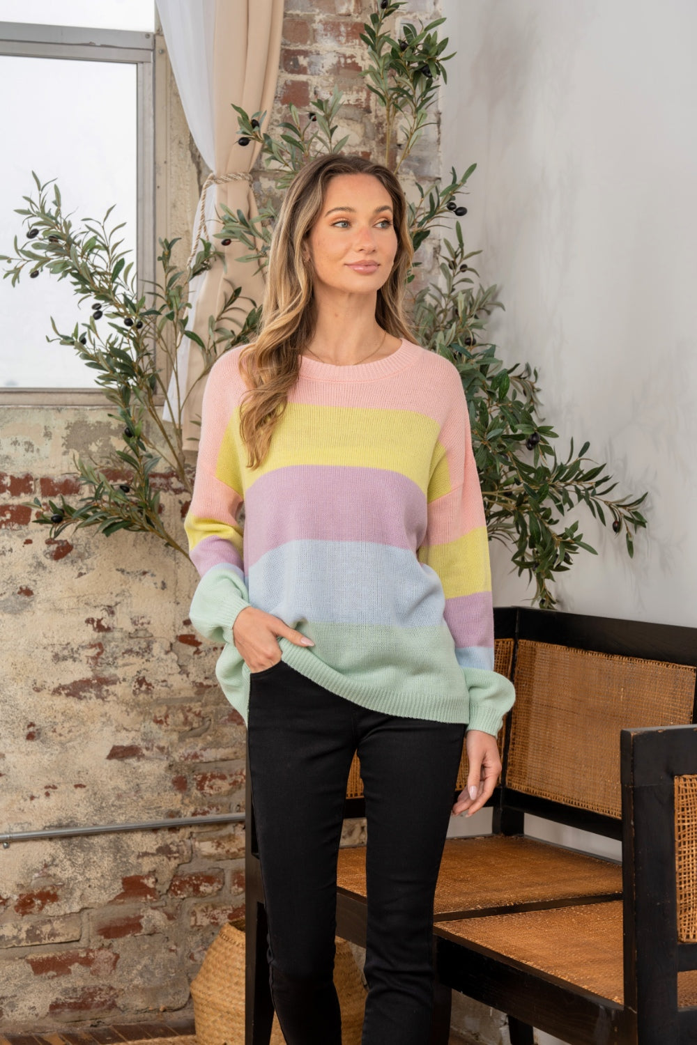 Sew In Love Full Size Color Block Round Neck Sweater