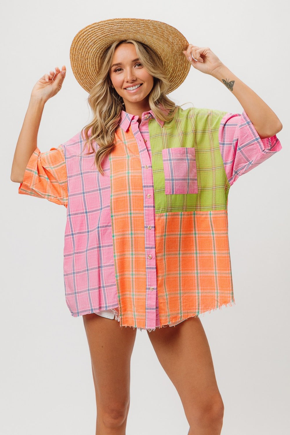 BiBi Plaid Multicolored Collared Neck Half Sleeve Shirt