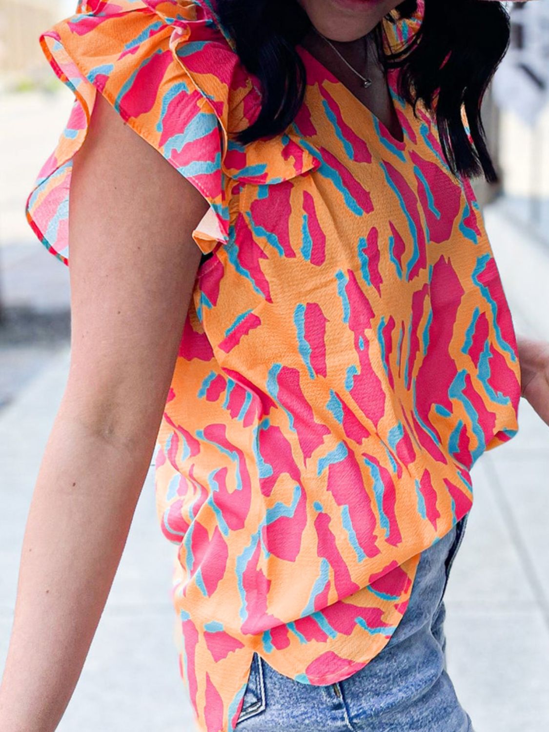 Multicolored Ruffled Leopard V-Neck Cap Sleeve Top