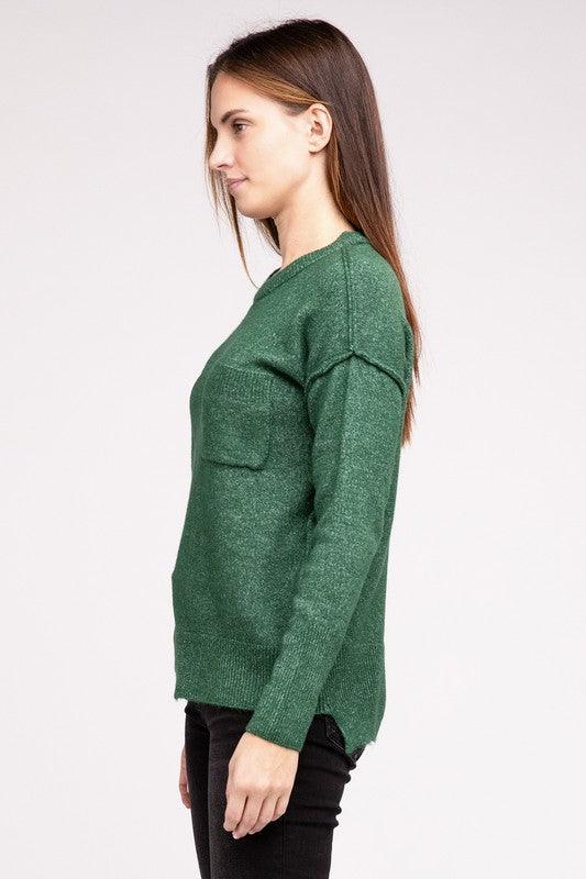 Melange Hi-Low Hem Round Neck Sweater - Sweater