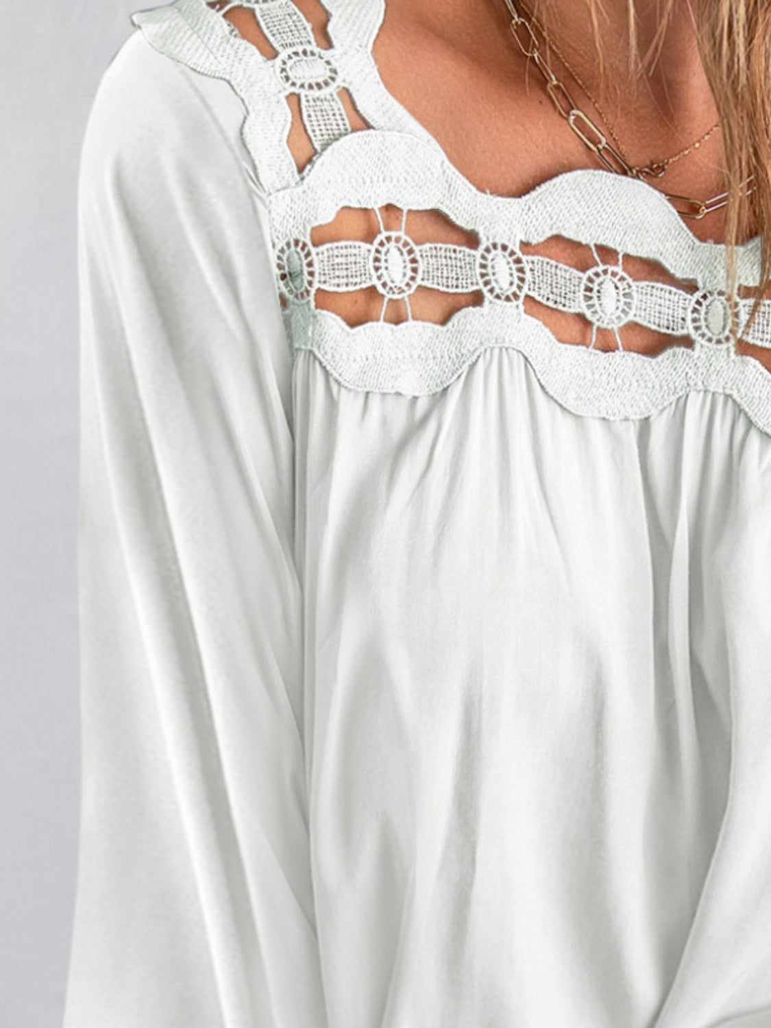 Cutout Square Neck Long Sleeve Lace Blouse