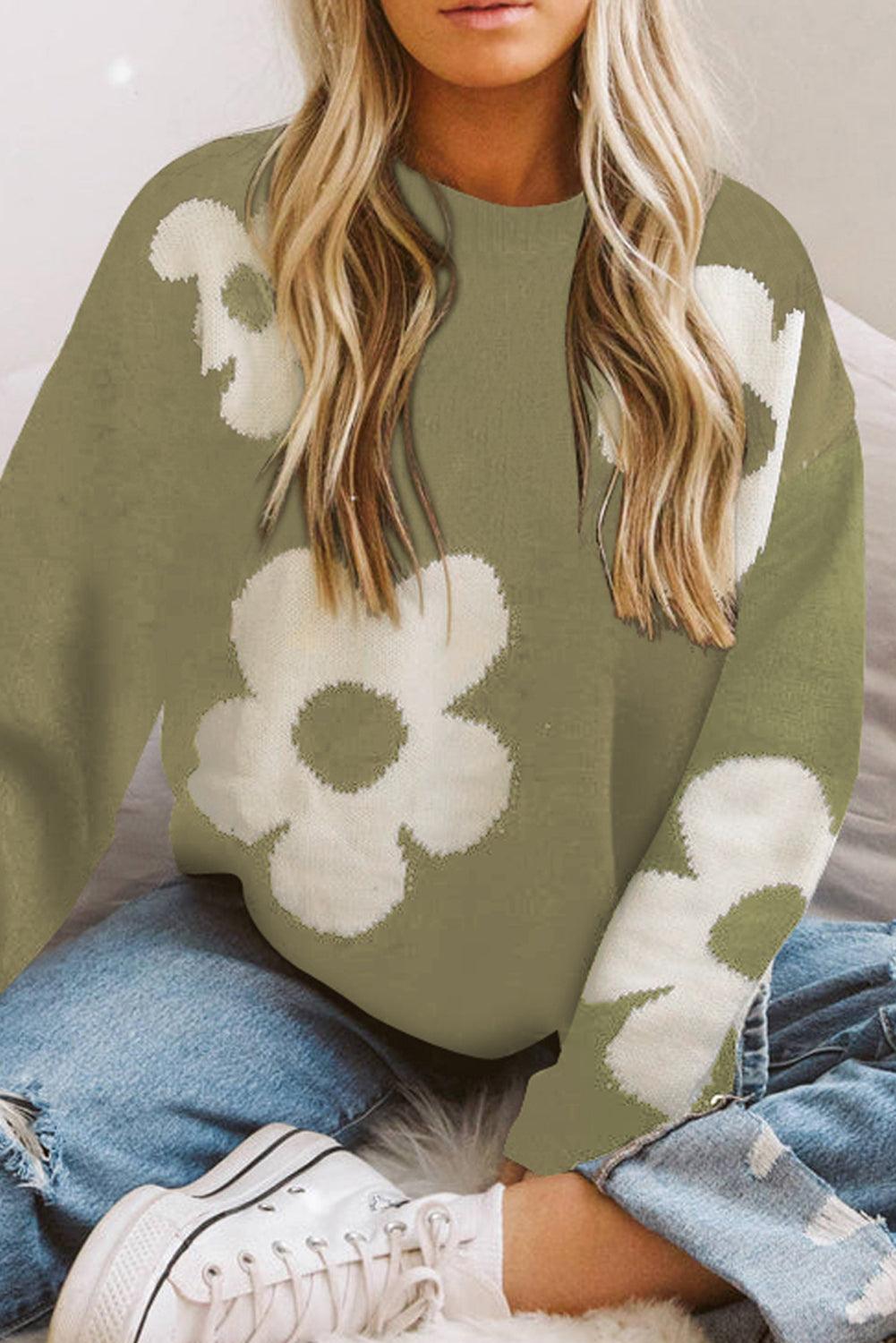 Round Neck Floral Pattern Sweater - Sweater