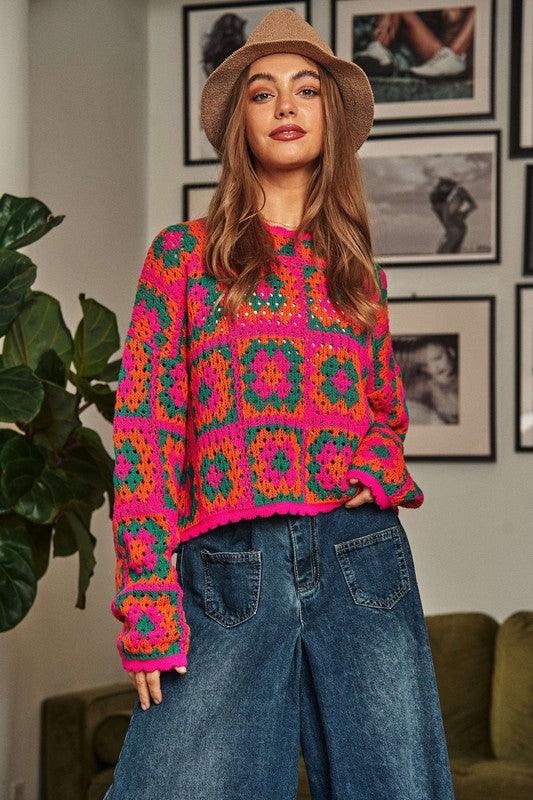 Crochet Patchwork Round Neck Pullover Sweater - Sweater