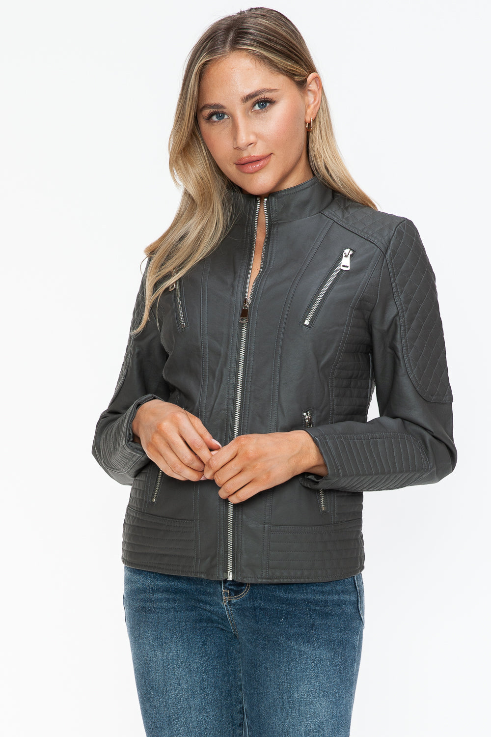 Snobbish Faux Leather Zip Up Mock Neck Moto Jacket