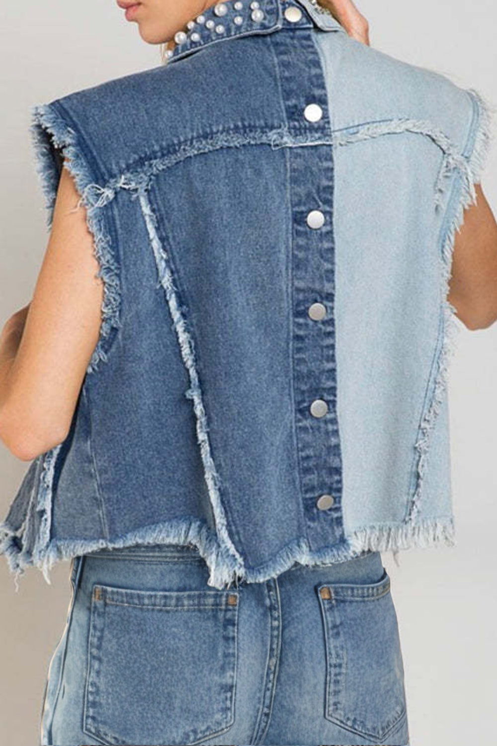 Pearl Raw Hem Sleeveless Denim Vest Jacket