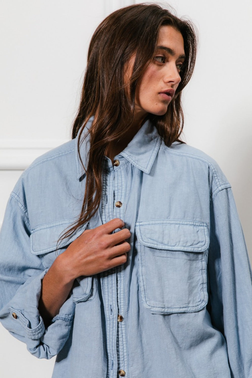 BiBi Button Down Stitch Detail Denim Shirt with Chest Pockets