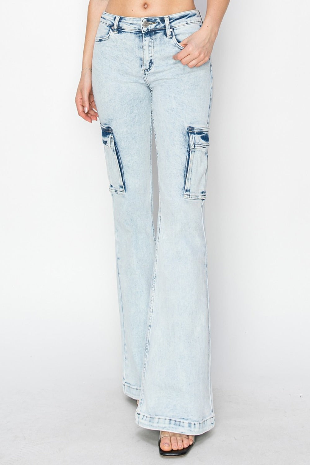 RISEN Full Size Mid Rise Cargo Flare Jeans