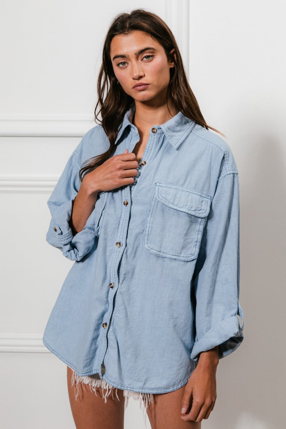 BiBi Button Down Stitch Detail Denim Shirt with Chest Pockets