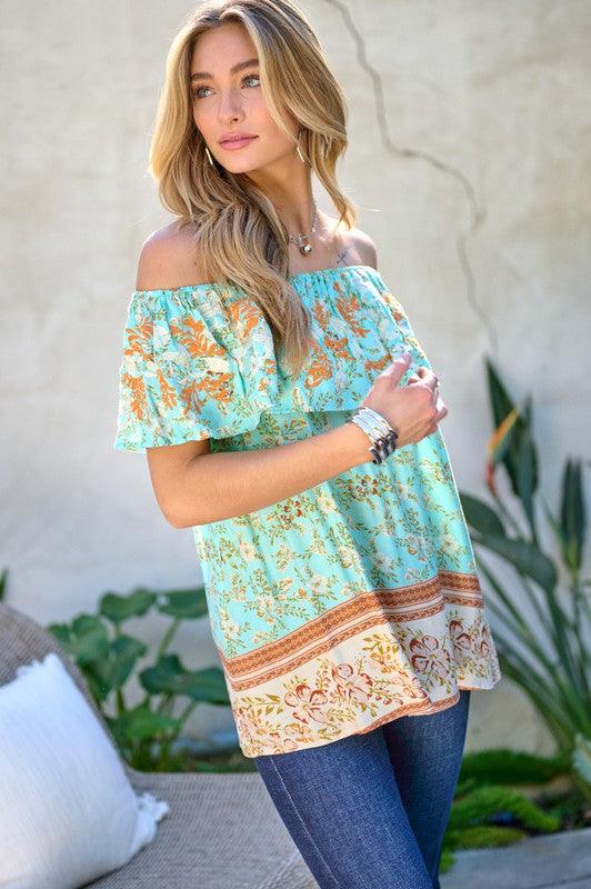 Printed Off Shoulder Smocked Top - Top