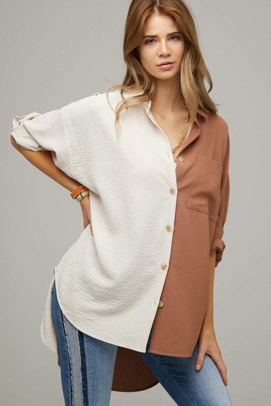 Davi & Dani Color Block Button Down Shirt