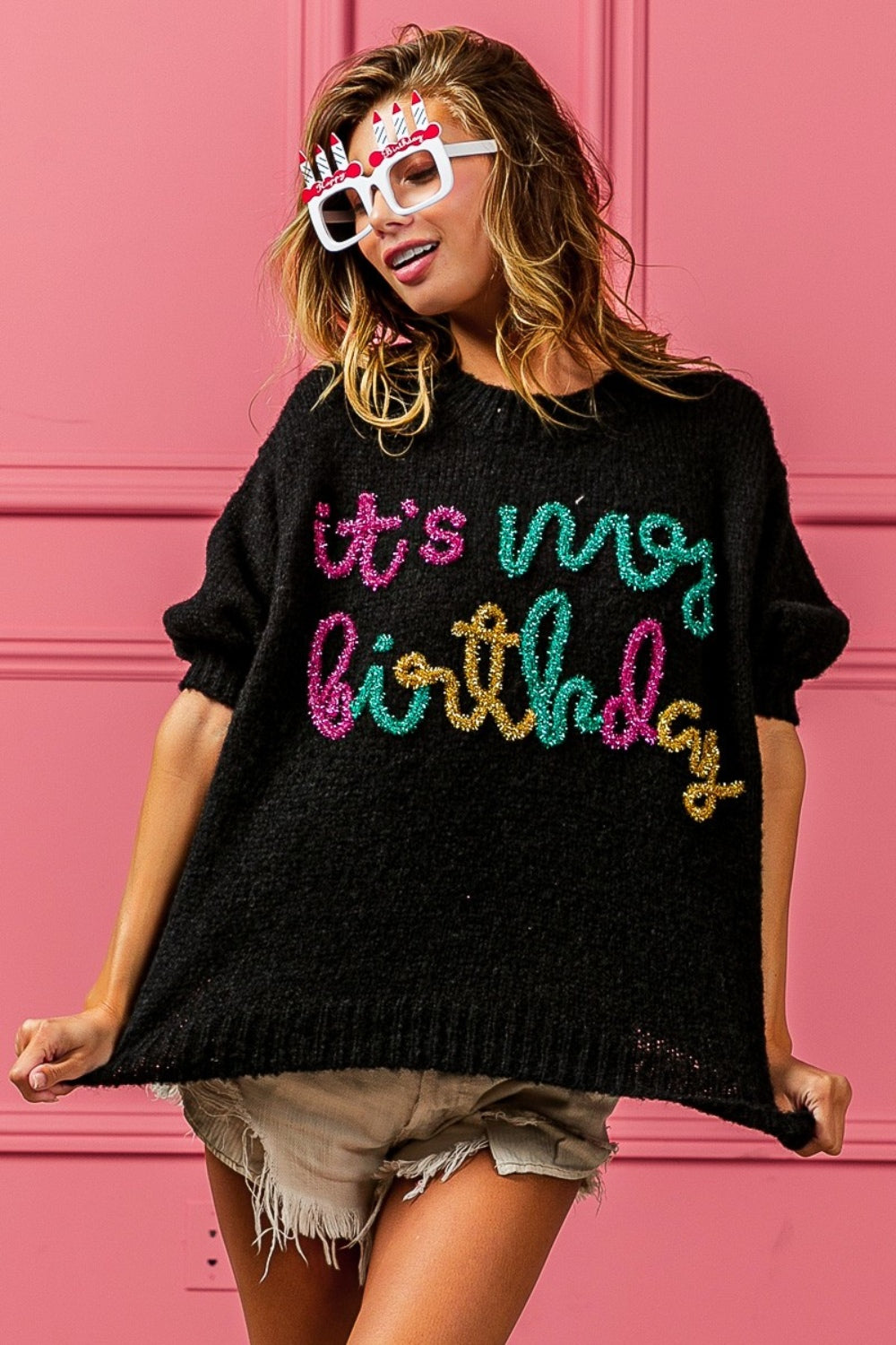 BiBi Metallic Letter It's My Birthday Puff Sleeve Sweater