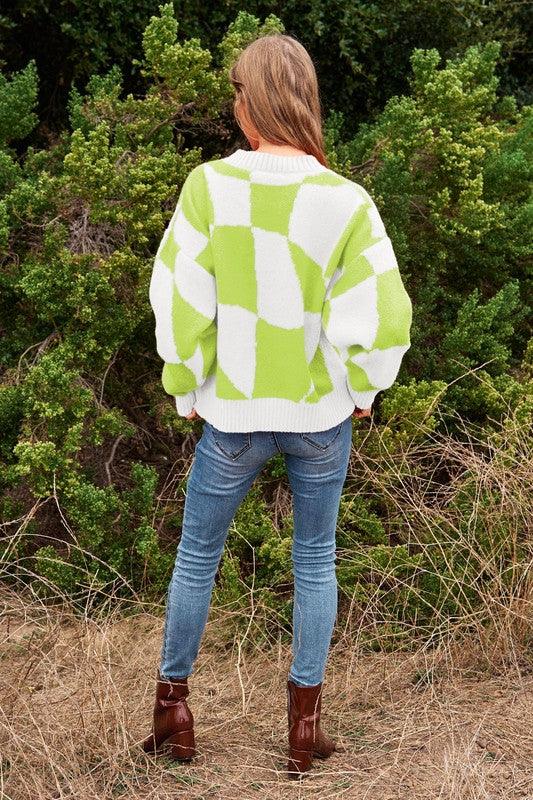 Multi Geo Checker Pullover Knit Sweater Top - Sweater