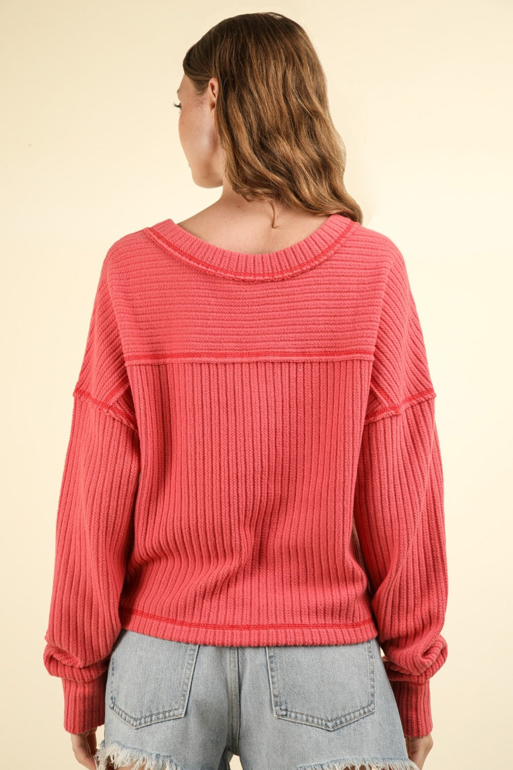 VERY J Exposed Seam V-Neck Ribbed Sweater