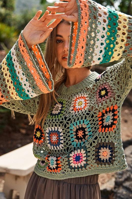 Floral Crochet Striped Sleeve Cropped Knit Sweater - Sweater