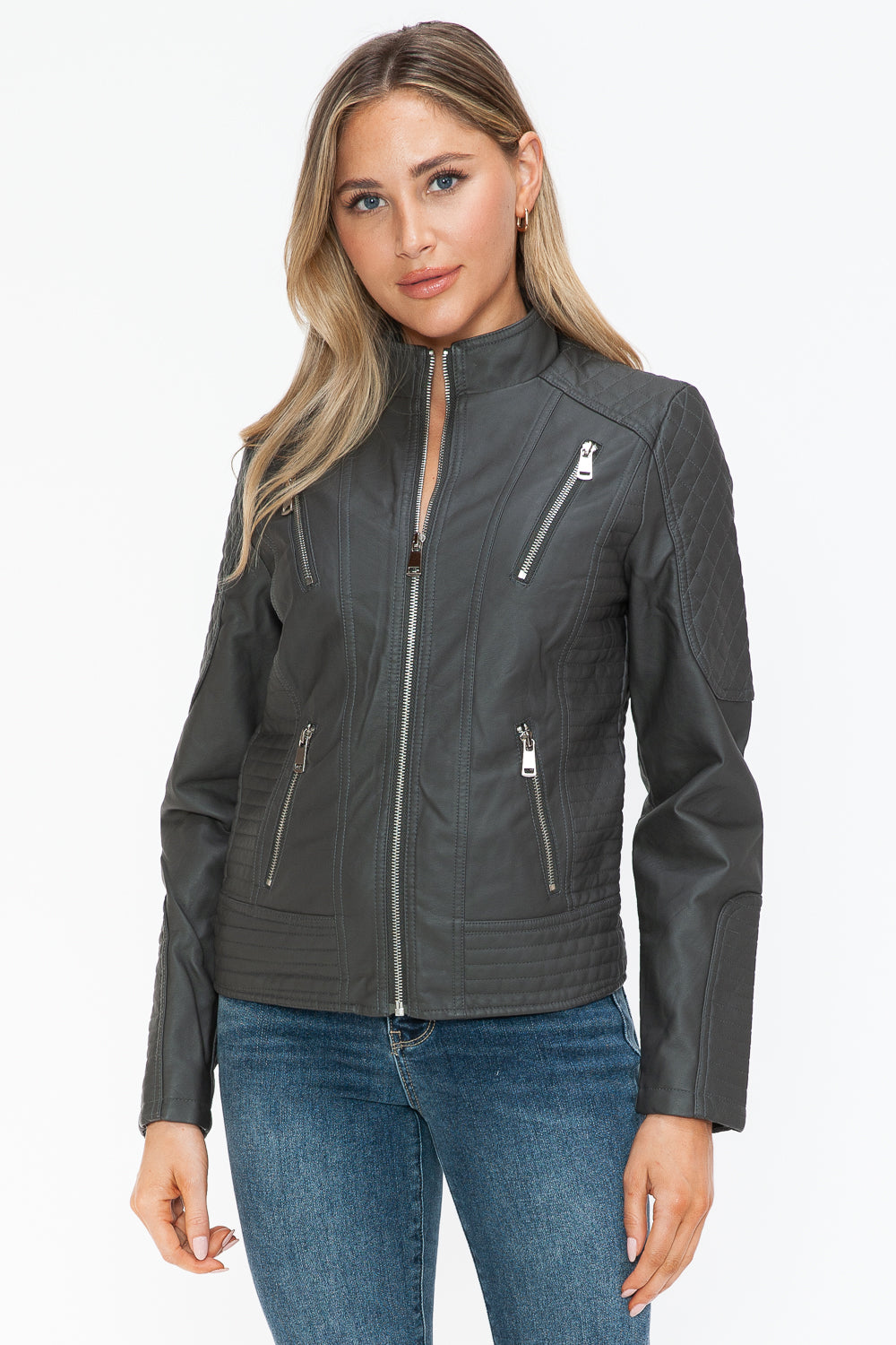 Snobbish Faux Leather Zip Up Mock Neck Moto Jacket