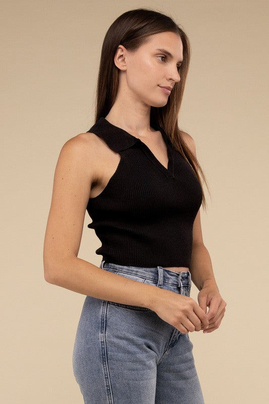 HYFVE Sleeveless Collared Crop Knit Top