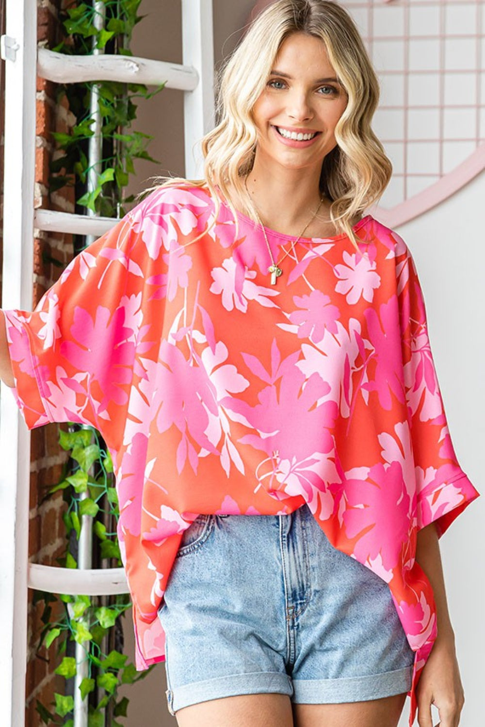 First Love Slit Floral Round Neck Half Sleeve Blouse