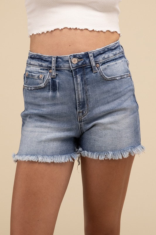 ZENANA Mid Rise Raw Frayed Hem Denim Shorts