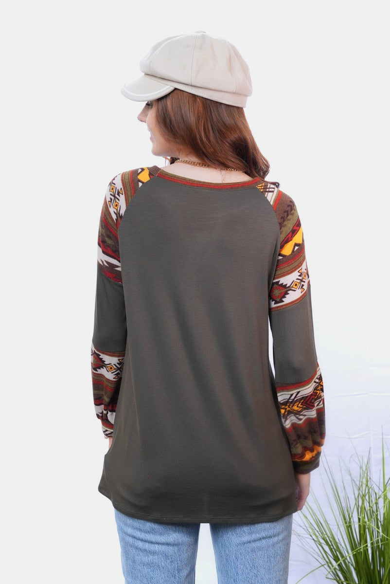 Celeste Full Size Aztec Round Neck Long Sleeve Top