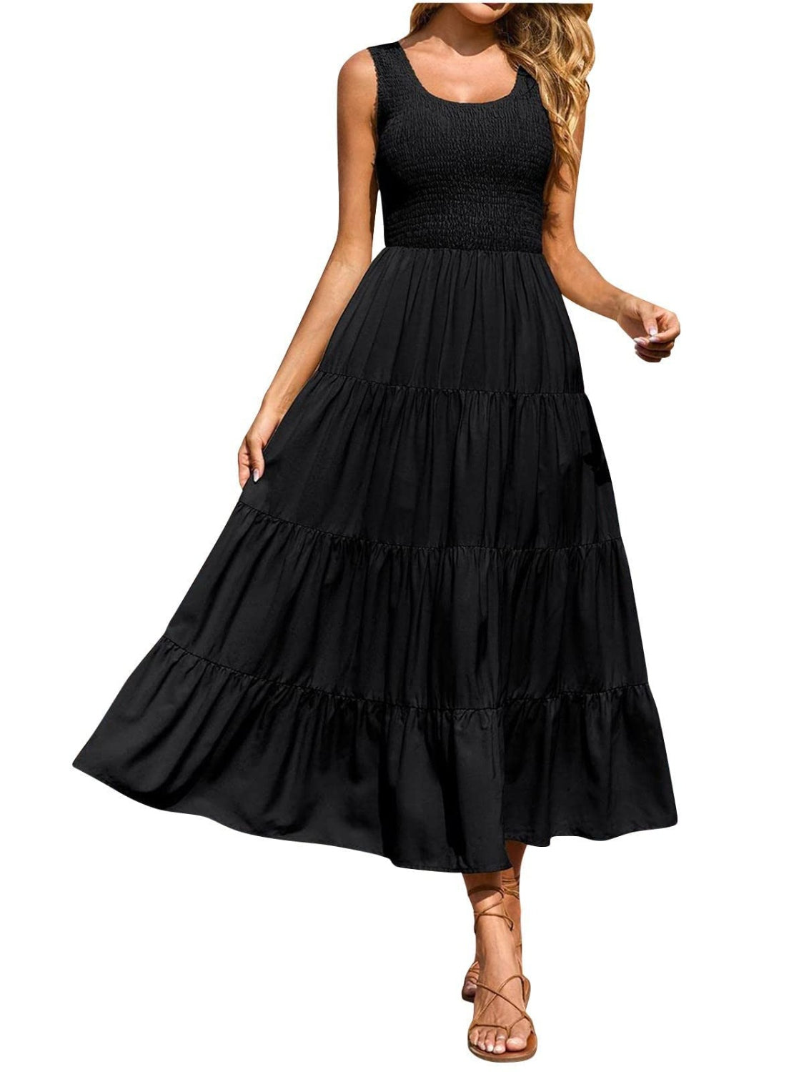 Tiered Smocked Wide Strap Midi Dress