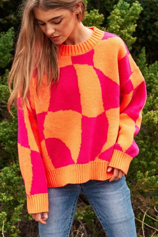 Multi Geo Checker Pullover Knit Sweater Top - Sweater