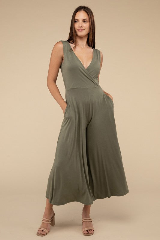 Zenana Surplice Neckline Sleeveless Jumpsuit