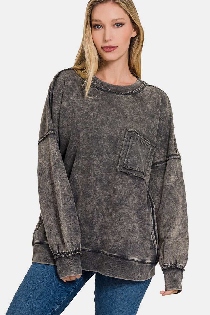 Zenana Exposed Seam Round Neck Sweatshirt