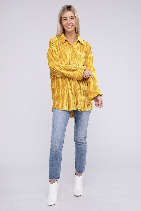 BiBi Wrinkle Effect Tiered Shirring Velvet Shirt - Shirt