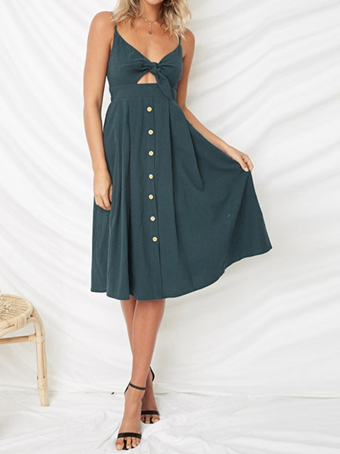 Cutout Smocked Sweetheart Neck Midi Cami Dress