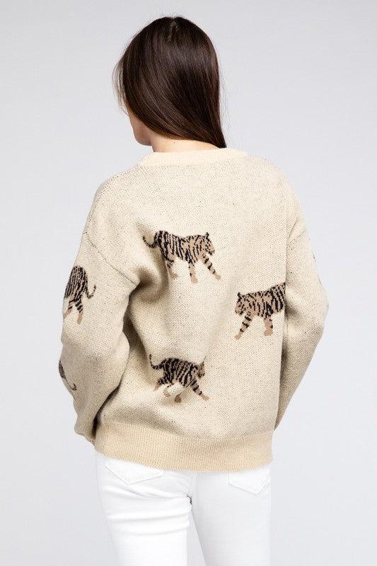 Tiger Pattern Pullover Sweater - Sweater