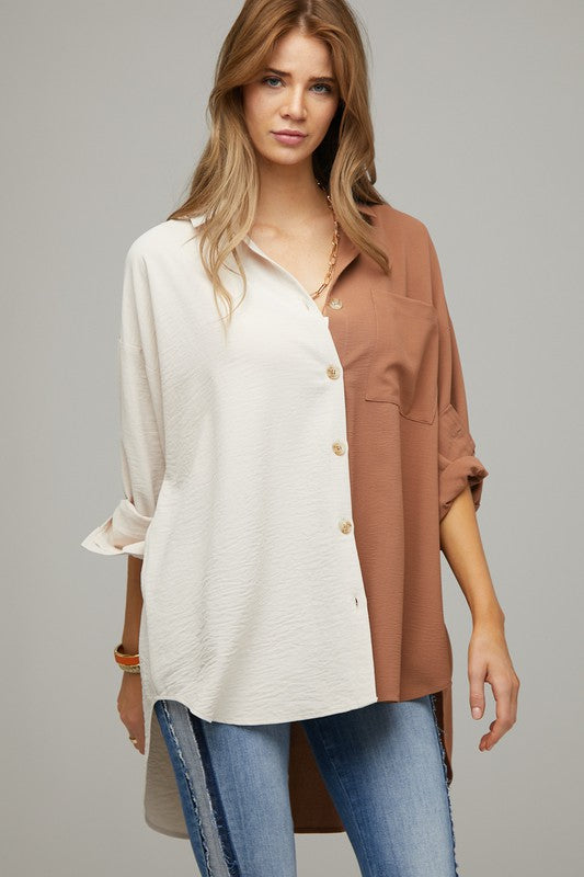 Davi & Dani Color Block Button Down Shirt