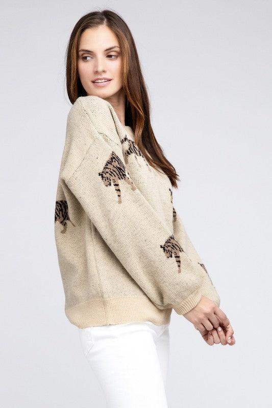 Tiger Pattern Pullover Sweater - Sweater