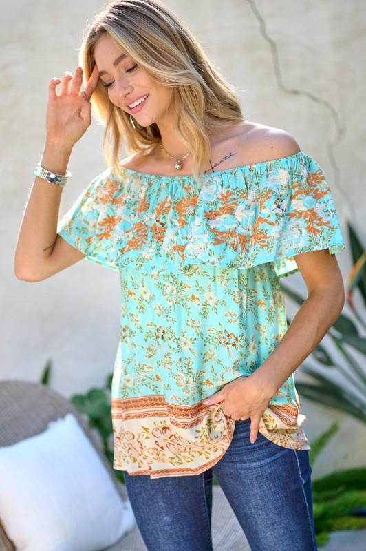 Printed Off Shoulder Smocked Top - Top