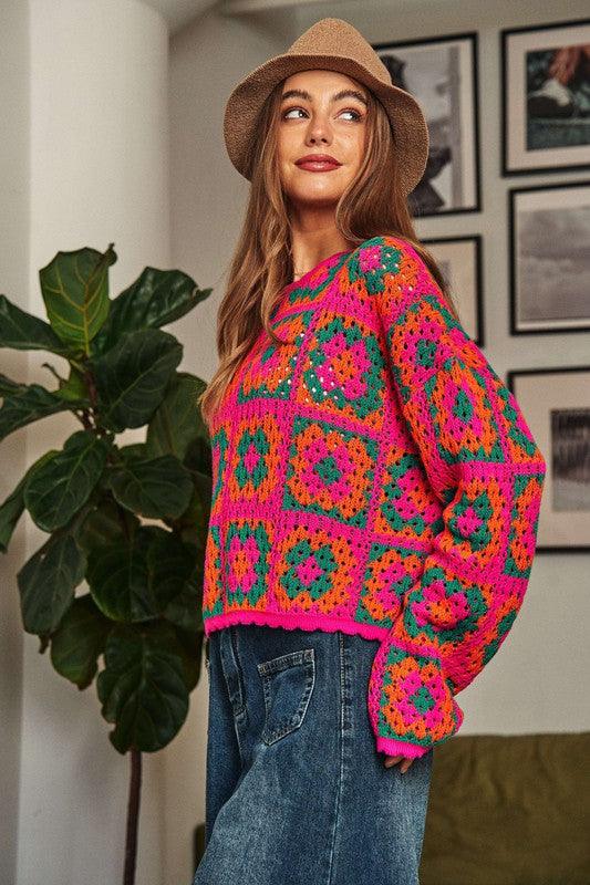 Crochet Patchwork Round Neck Pullover Sweater - Sweater