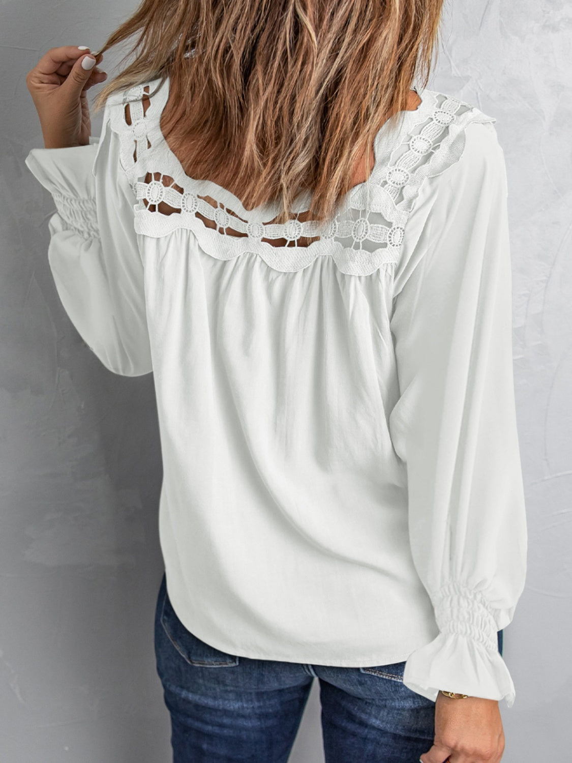 Cutout Square Neck Long Sleeve Lace Blouse