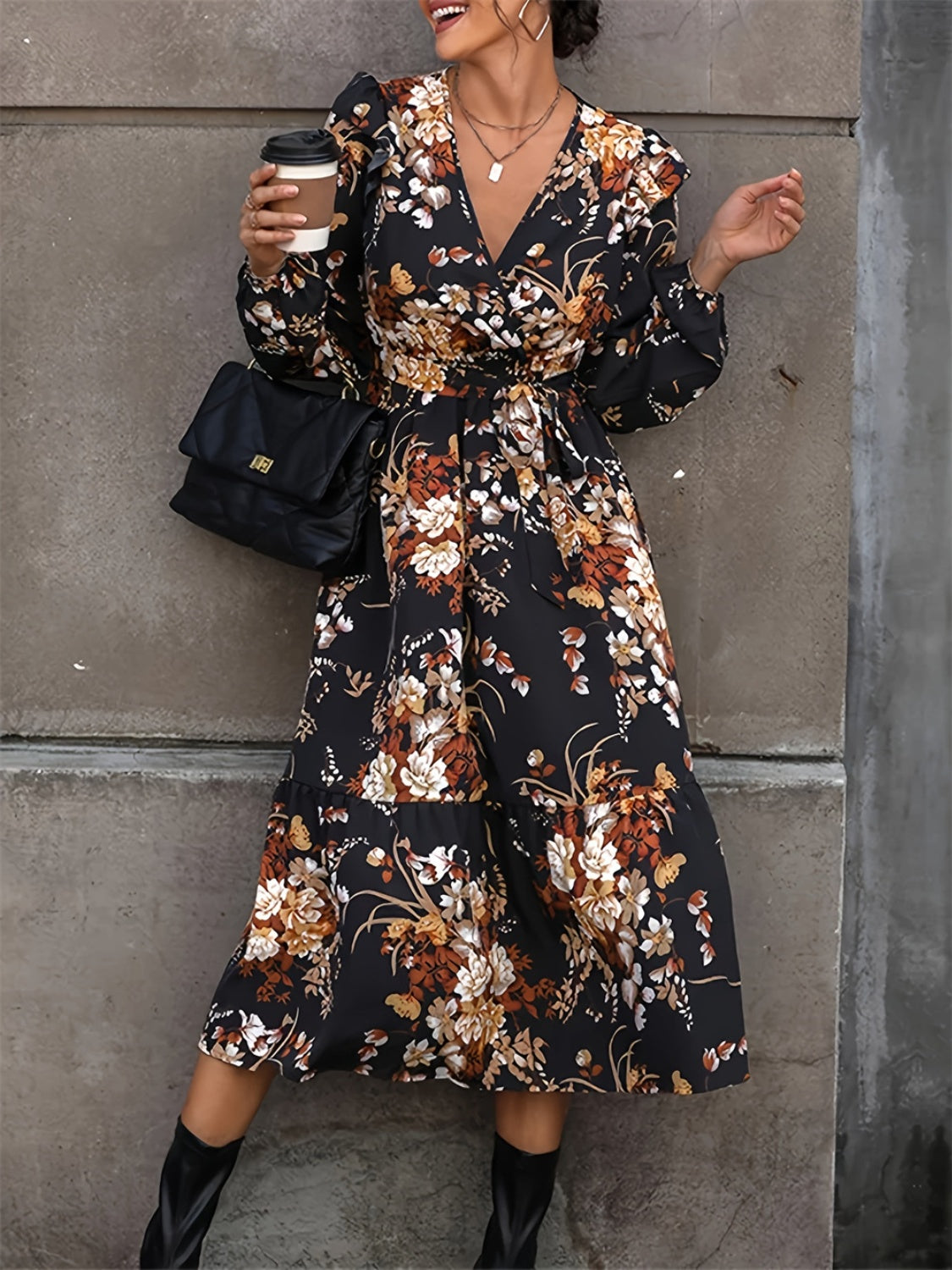 Ruffled Floral Surplice Long Sleeve Midi Dress