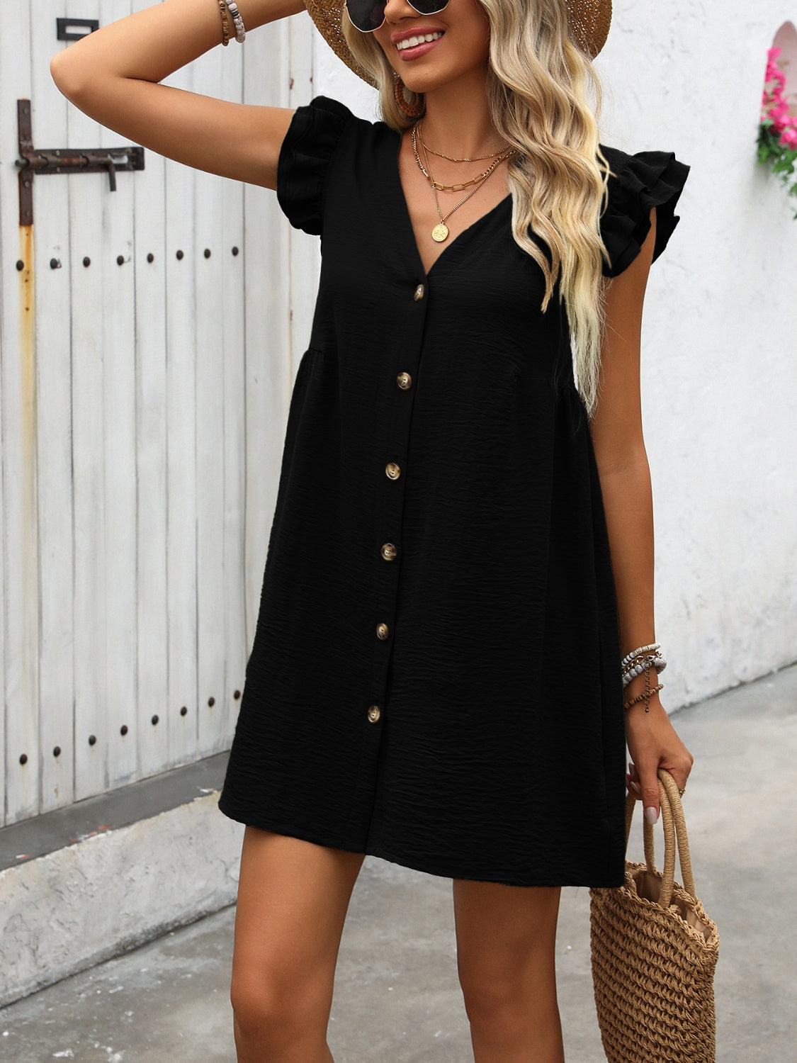 Button Up V-Neck Ruffled Cap Sleeve Mini Dress