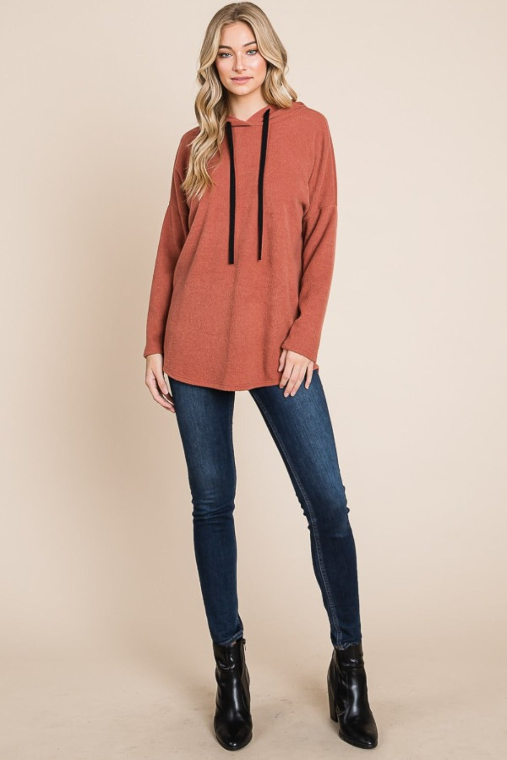 BOMBOM Contrast Drawstring Drop Shoulder Knit Hoodie