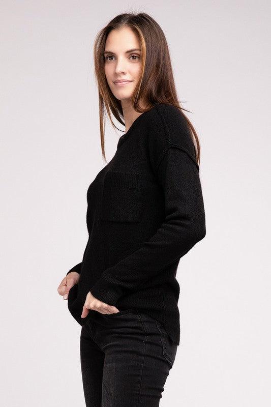 Melange Hi-Low Hem Round Neck Sweater - Sweater