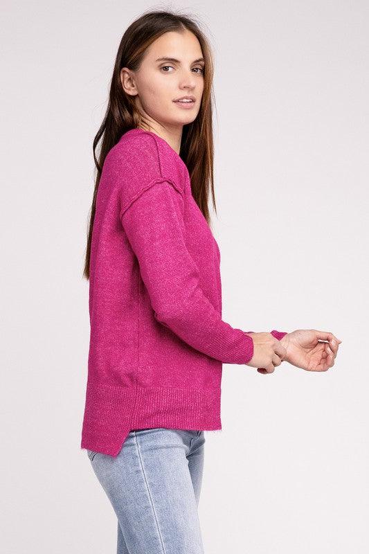 Melange Hi-Low Hem Round Neck Sweater - Sweater