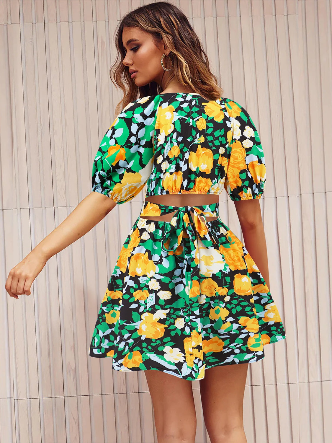 Floral Surplice Short Sleeve Mini Dress