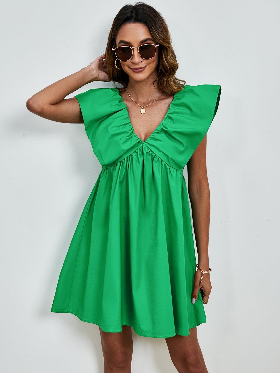 V-Neck Ruched Cap Sleeve Mini Dress