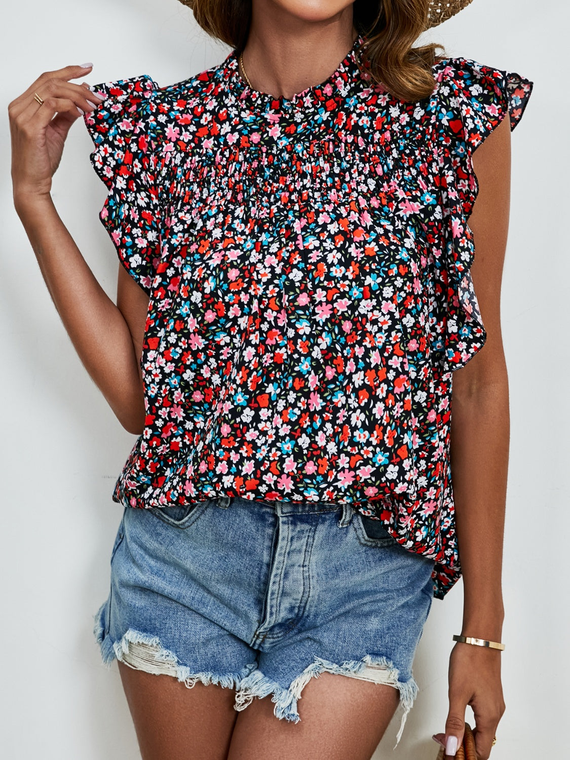 Ruffled Ditsy Floral Mock Neck Cap Sleeve Top