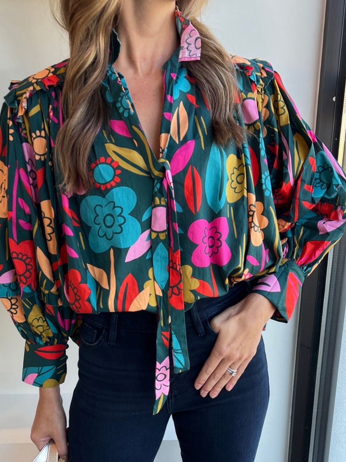 Multicolored Floral Lantern Sleeve Blouse